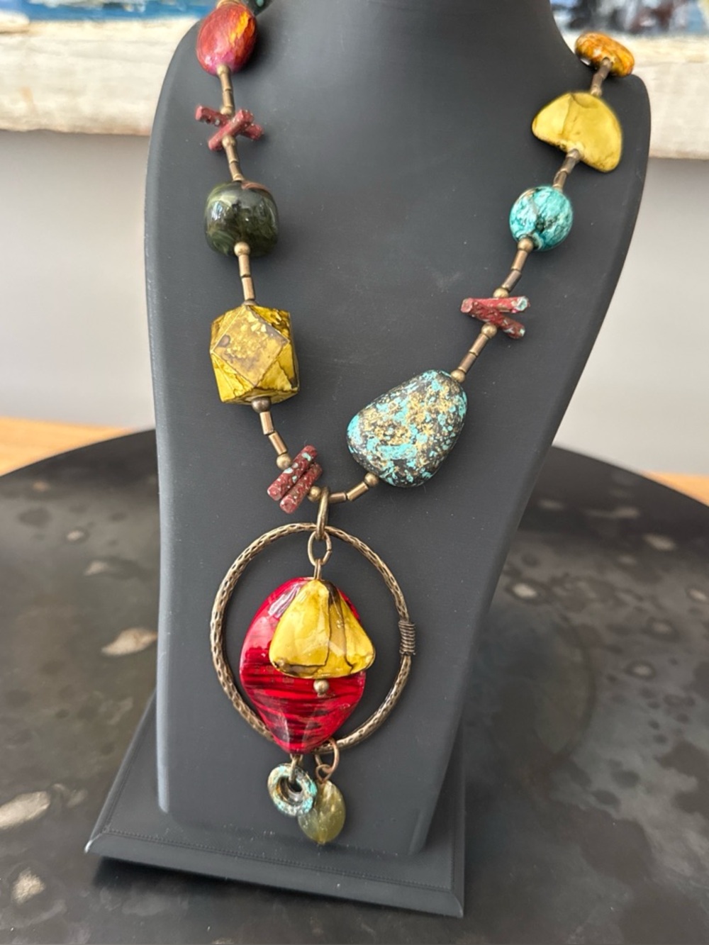 Chico’s Multicolor Statement Pendant Necklace Turquoise, Red, Orange Beads Bronz